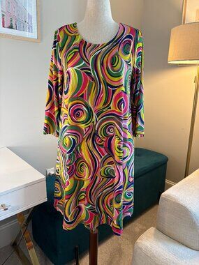 Buckhead Betties Dress M Bright Psychedelic Print Tunic Shift 3/4 Sleeve
